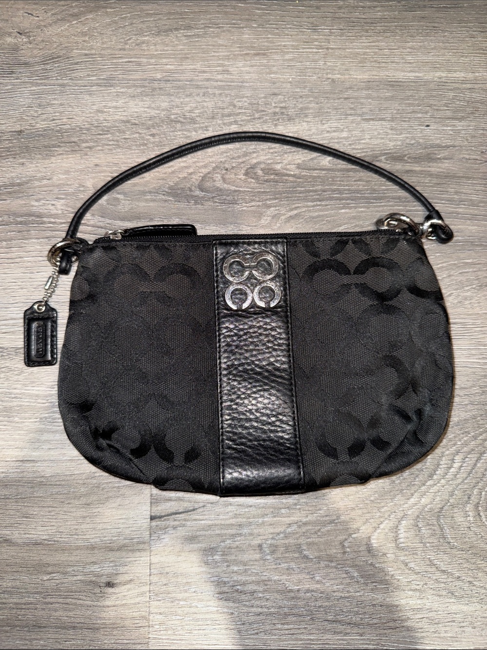 Coach Black Vintage Signature Jacquard Wristlet with Leather Trim